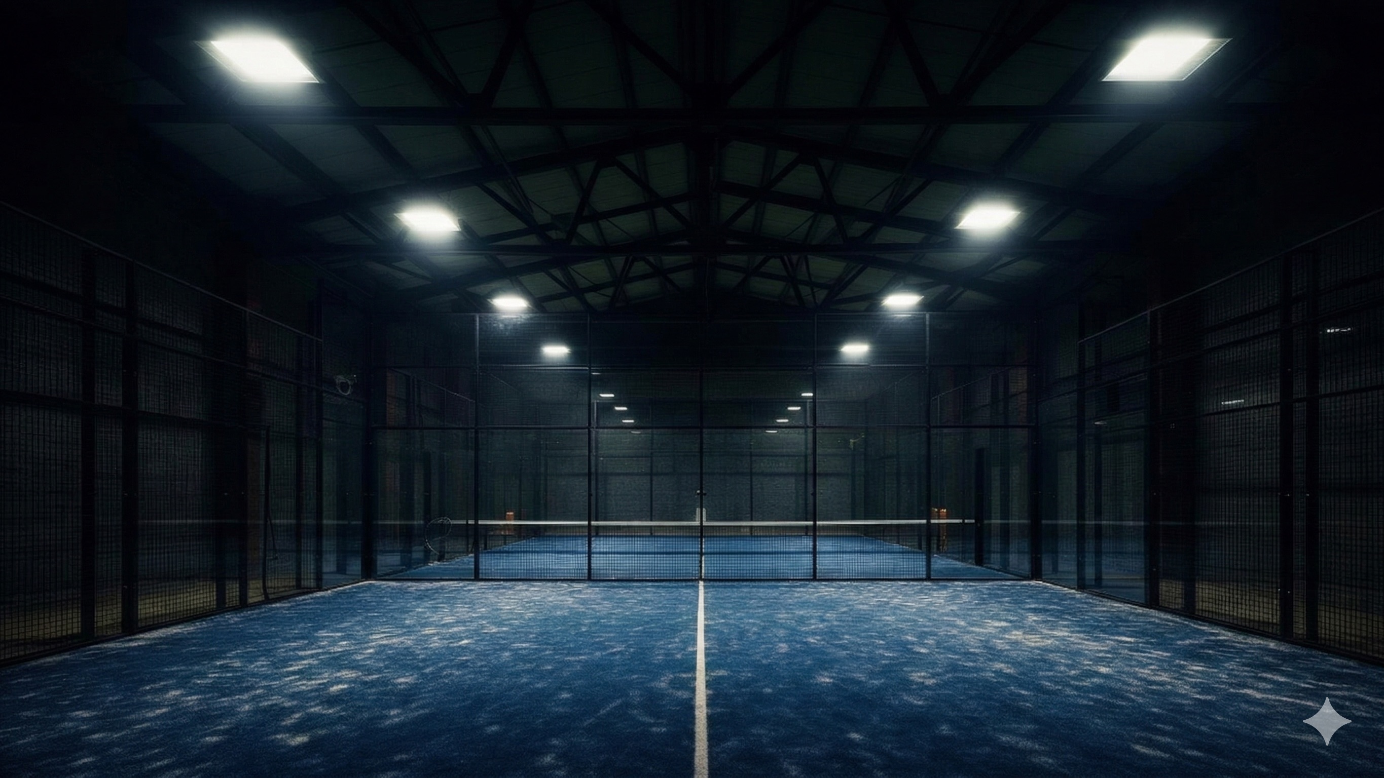 Indoor padel court with dramatic lighting