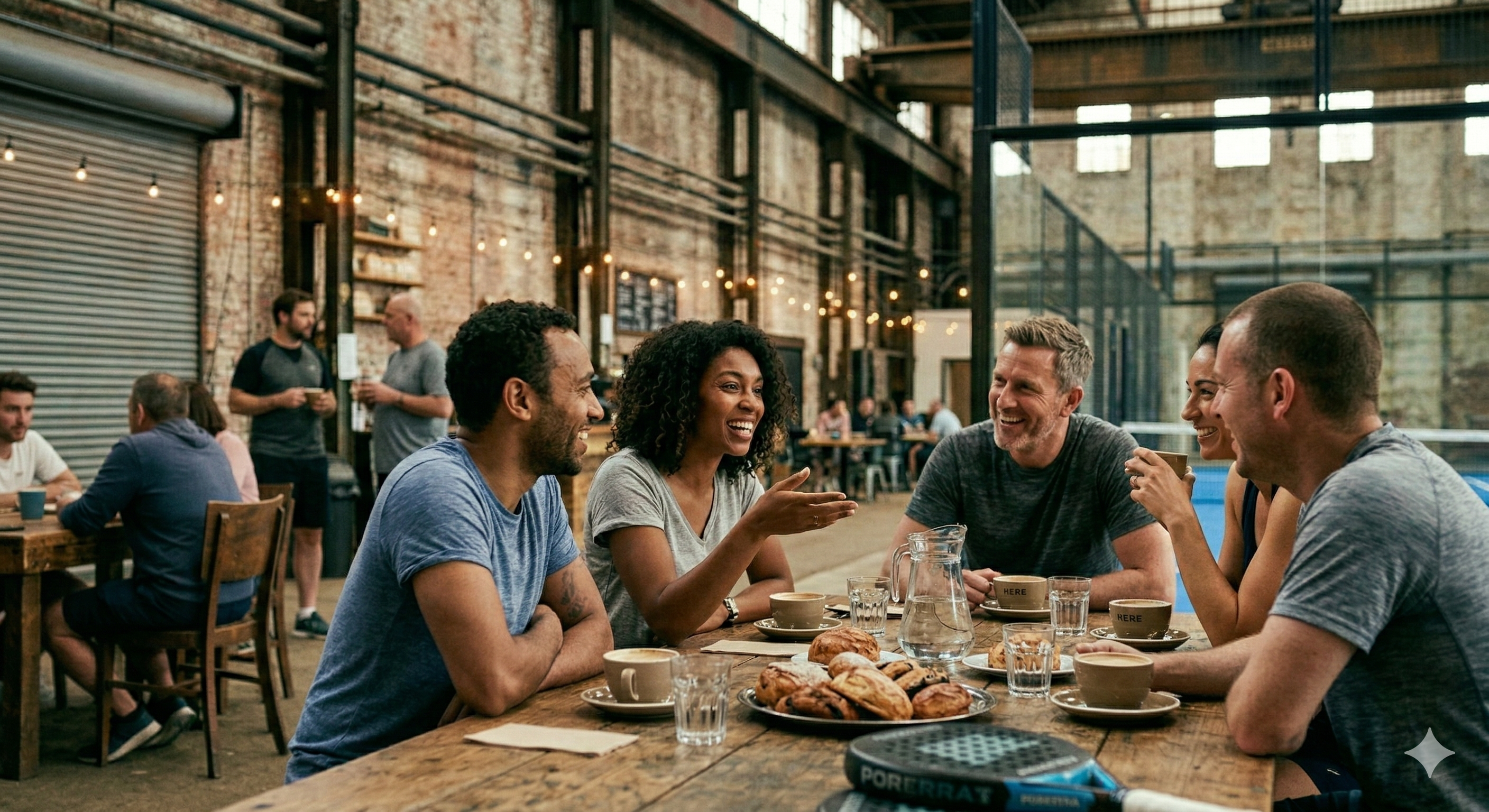 Members gathered around a communal table with coffee and pastries at the club café