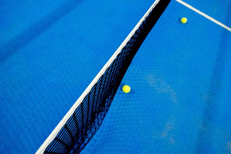 A ball comes to rest by the net post on the blue court