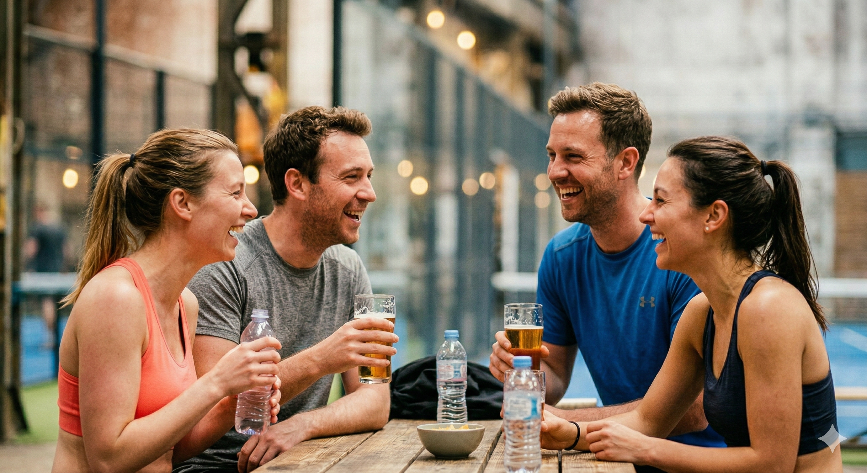 Group of members laughing together at an outdoor social table by the courts